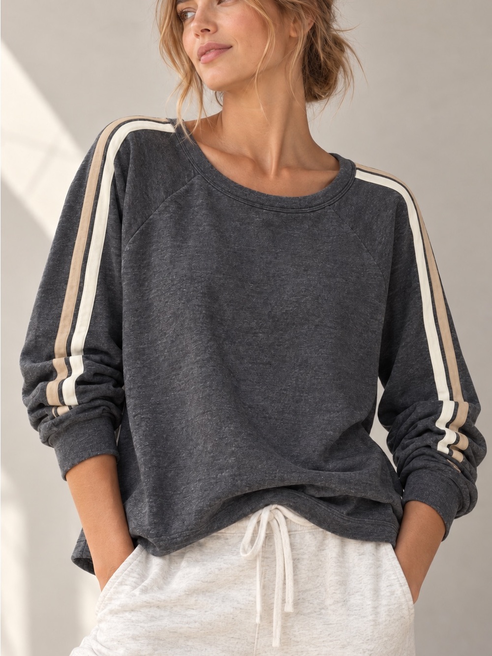 Lou & Grey Charcoal Gray Striped Sleeve Sweatshirt Size S